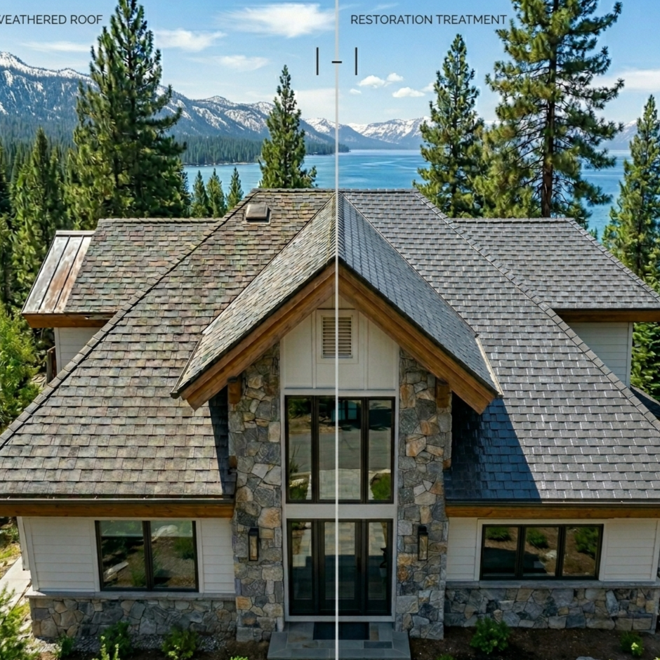 Weathered roof before and after GreenSoy™ Restoration Treatment